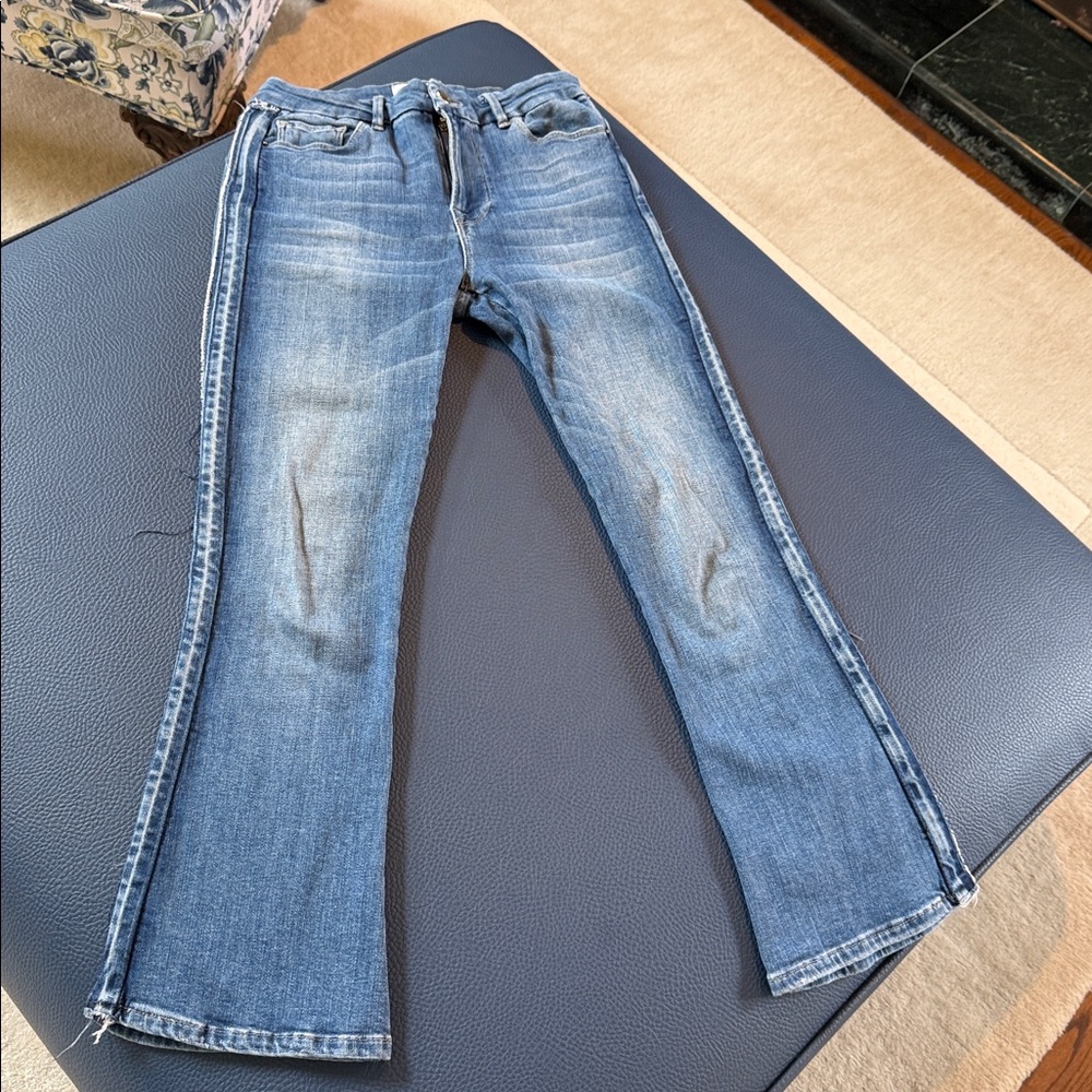 Frame Le Crop Mini Boot distressed jeans with side stripe and stretch 27 EUC
